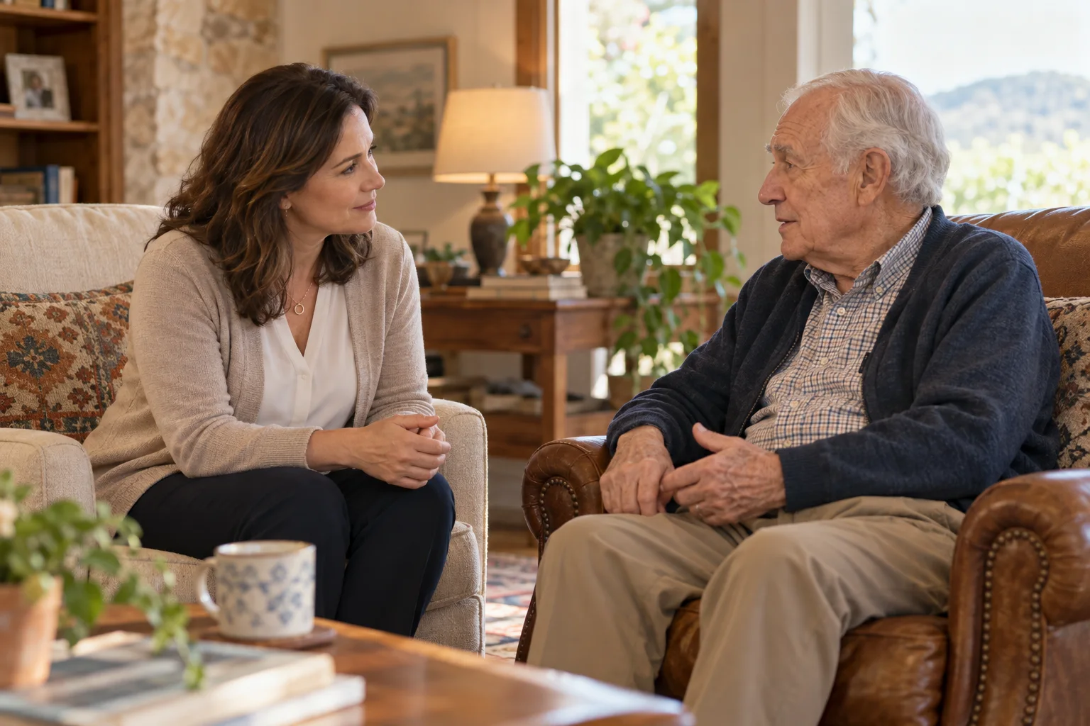 A social worker listening to an older adult in the comfort of his home